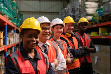 Group of Industrial workers working at a warehouse factory.