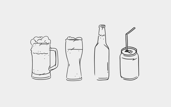 Hand drawn vector abstract graphic line illustration with glass beer mugs and bottle set collection .Vector outline beer illustration sketch drawing. Vector beer glass isolated element design concept.