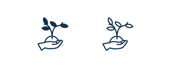 Fototapeta premium plant on a hand icon. Outline and filled plant on a hand, hand icon from ecology collection. Line and glyph vector isolated on white background. Editable plant on a hand symbol.