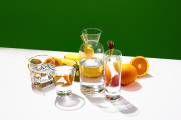 Fresh banana, orange, strawberry half balanced on green background. Bright yellow, green and orange fruits with vitamins for salad. Healthy diet composition. Still life
