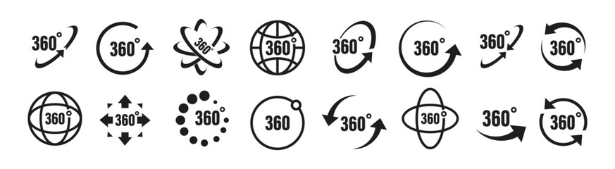 360 degrees vector icon set. Round signs with arrows rotation to 360 degrees. Rotate symbol isolated on transparent background. Vector illustration.