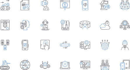 Virtual reality line icons collection. Immersive, D, Gaming, Experience, Headset, Simulator, Interaction vector and linear illustration. Cyberworld,Simulation,Augmented outline signs set