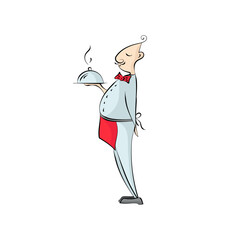A male cook is standing with a dish. Vector illustration. Color sketch. Cartoon style.