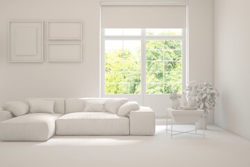 Bright interior design with modern furniture and summer landscape in window. 3D illustration