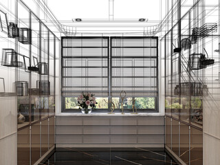 sketch design of interior hall, 3d rendering