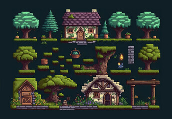 Set of 8bit pixel art arcade game scene with houses and trees, created with Generative AI.