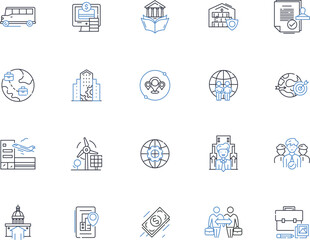 Political System Bureaucratic System line icons collection. Hierarchy, Regulations, Red tape, Authority, Control, Formality, Procedure vector and linear illustration. Paperwork,Power,Discretion
