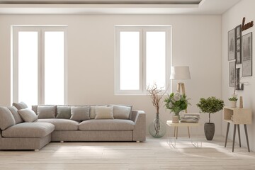 White living room with sofa. Scandinavian interior design. 3D illustration