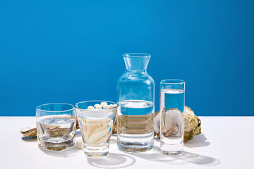 Still life with seafood, oysters and glasses with water on white table over blue studio background. Sea, ocean harvest. Chic menu