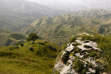 Amazing summer mountain landscape - green folded mountain ridges with terraces with meadow, grey...