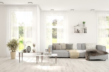 Bright interior design with modern furniture and summer landscape in window. 3D illustration