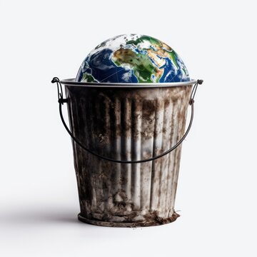 Earth globe in a trash can isolated on white background. earth pollution concept. generative AI