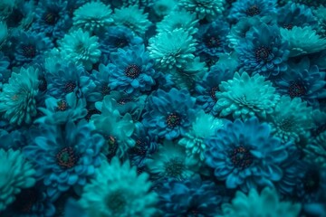 Naklejka na ściany i meble wall of bright turquoise flowers background. generative AI