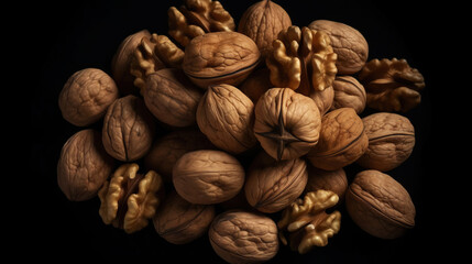 Walnuts with and without shells filling the view on dark background. Top view of fresh walnuts. Generative AI