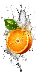 Fototapeta na wymiar Fresh orange and leaf with water splash isolated on white background. generative Ai