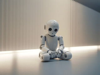 Childlike Robot Sitting on Floor in White Room, Meditating, ai generated