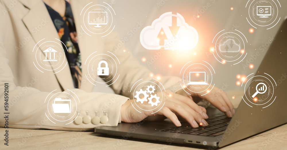 Poster cloud computing technology and online data storage for business network concept. businesswoman using