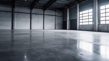  empty industrial room in dark daylight with windows wide open, viewed from the concrete floor