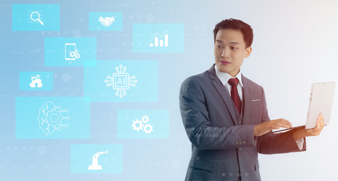 Businessman using laptop computer. Digital virtual screen. AI machine learing blue icons. Technology concept.
