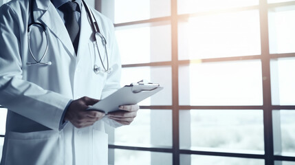 close up of a Doctor in a medical uniform with a clipboard