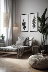 Stylish bedroom interior with armchair and plant, etsy style. generative AI