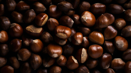 Naklejka premium Top view on heap of chestnuts. Pile of ripe chestnuts for food background. Generative AI