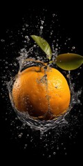 Fototapeta na wymiar Fresh orange with water splash isolated on black background. Studio shot. generative AI