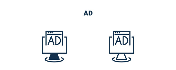 ad icon. Outline and filled ad icon from social media marketing collection. Line and glyph vector isolated on white background. Editable ad symbol.