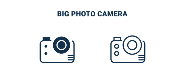 big photo camera icon. Outline and filled big photo camera icon from social media marketing collection. Line and glyph vector isolated on white background. Editable big photo camera symbol.