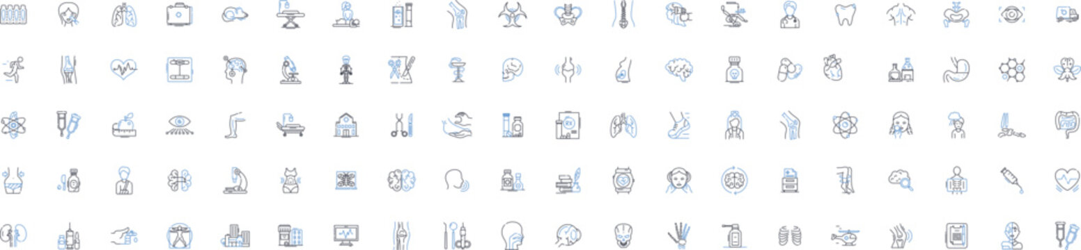 Hospital services line icons collection. Emergency, Admission, Surgery, Medicine, Treatment, Consultation, Diagnosis vector and linear illustration. Radiology,Outpatient,Inpatient outline signs set