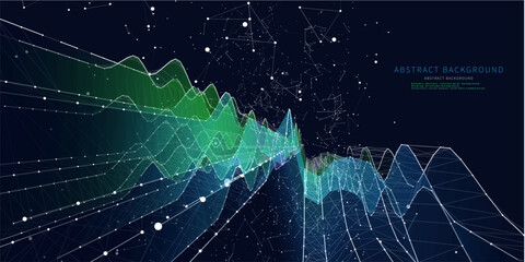 Abstract  background wavy poly grid  with dots and lines in chaotic web on dark. Technology wireframe concept data in virtual. Banner for business, science and technology data analytics. Big Data.