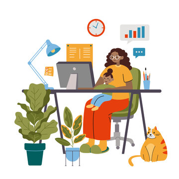 African American woman freelancer with child, cartoon style. Business Mom holding her infant baby and working on computer at home. Maternity and career. Trendy modern vector illustration, flat