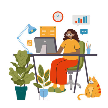 African American business woman working on computer at the desk, cute cozy home workplace, cartoon style. Online career, self employed concept.  Trendy modern vector illustration, flat