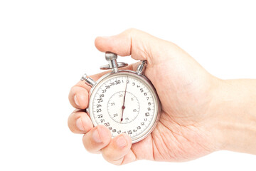 stopwatch in hand isolated on white background.