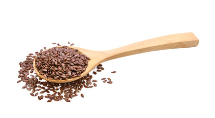 Flax seeds in wood spoon on transparent png