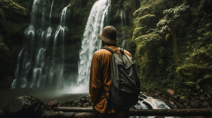 A man, a traveler looks at a waterfall in the jungle Generative AI - obrazy, fototapety, plakaty