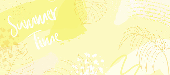 Summer Yellow Background Layout Banners Design Concept with Tropical Leaves and floral pattern. Horizontal design template with summer sunshine abstract graphic. 
