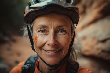 A Woman With A Helmet On Smiling For The Camera With A Rock In The Background Desert Canyon Portrait Photography Retirement Planning Generative AI