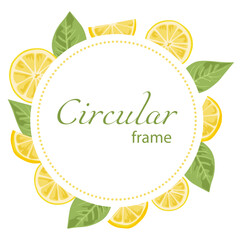 Circular frame with lemons and leaves on a white background. Fruits whole and cut in half.