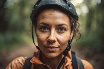 A Woman Wearing A Helmet And A Jacket In The Woods With Trees In The Background Bike Path Advertising Photography Adventure Travel Generative AI