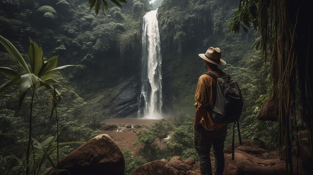 Adventure, A man, a traveler looks at a waterfall in the jungle.