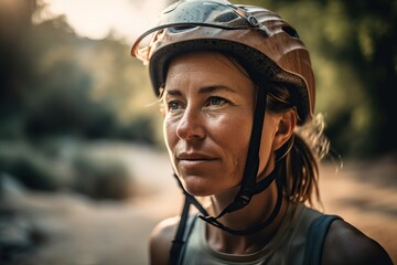 A Woman Wearing A Helmet And A Shirt On A Dirt Road Desert Canyon Portrait Photography Determination Generative AI