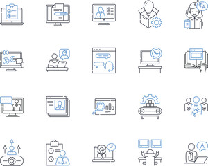 Team dynamics line icons collection. Collaboration, Communication, Leadership, Diversity, Trust, Conflict, Empathy vector and linear illustration. Accountability,Synergy,Decisiveness outline signs set