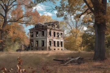 A Painting Of A Run Down House In A Field With Trees Rural American Homestead Photorealism Digital Photography Generative AI
