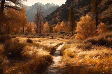 A Path Through A Grassy Field With Trees And Mountains In The Background Mountain Trail In Autumn Landscape Photography Landscapes Generative AI