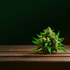 Cannabis flower on a wooden table. AI generated