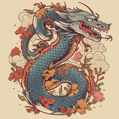 Chinese Dragon tattoo design 2d illustration. Traditional mystical creature vector