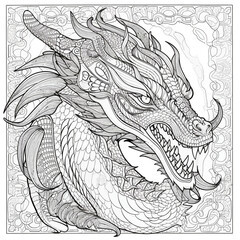 Chinese Dragon black and white drawing design 2d illustration. Traditional mystical creature vector coloring page