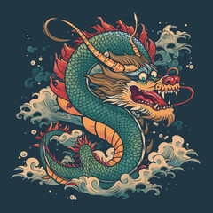 Fototapeta premium Chinese Dragon tattoo design 2d illustration. Traditional mystical creature vector