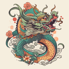 Chinese Dragon tattoo design 2d illustration. Traditional mystical creature vector